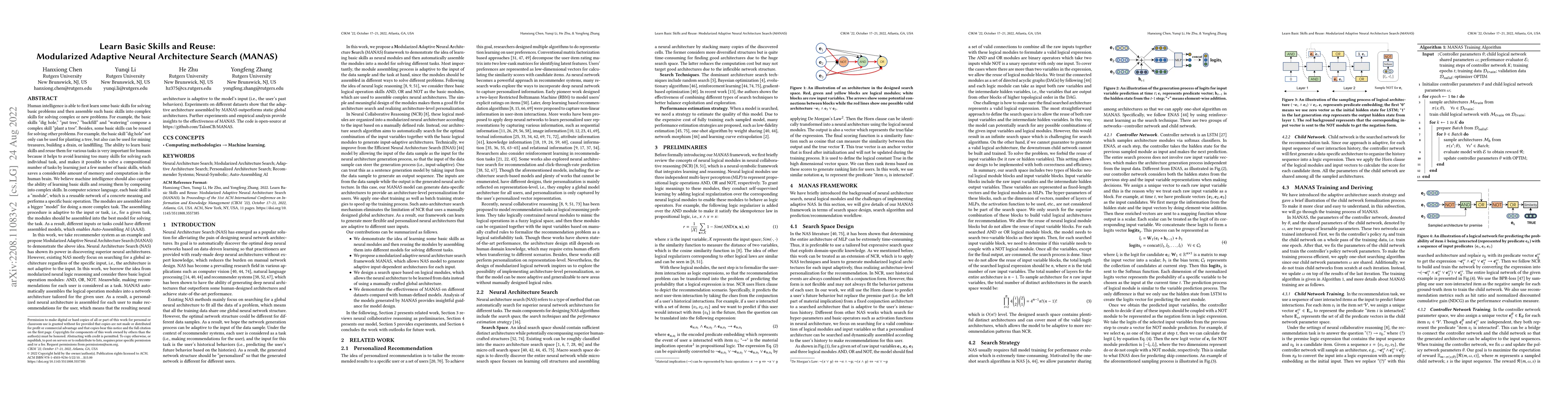 Thumbnail for Learn Basic Skills and Reuse: Modularized Adaptive Neural Architecture
  Search (MANAS)
