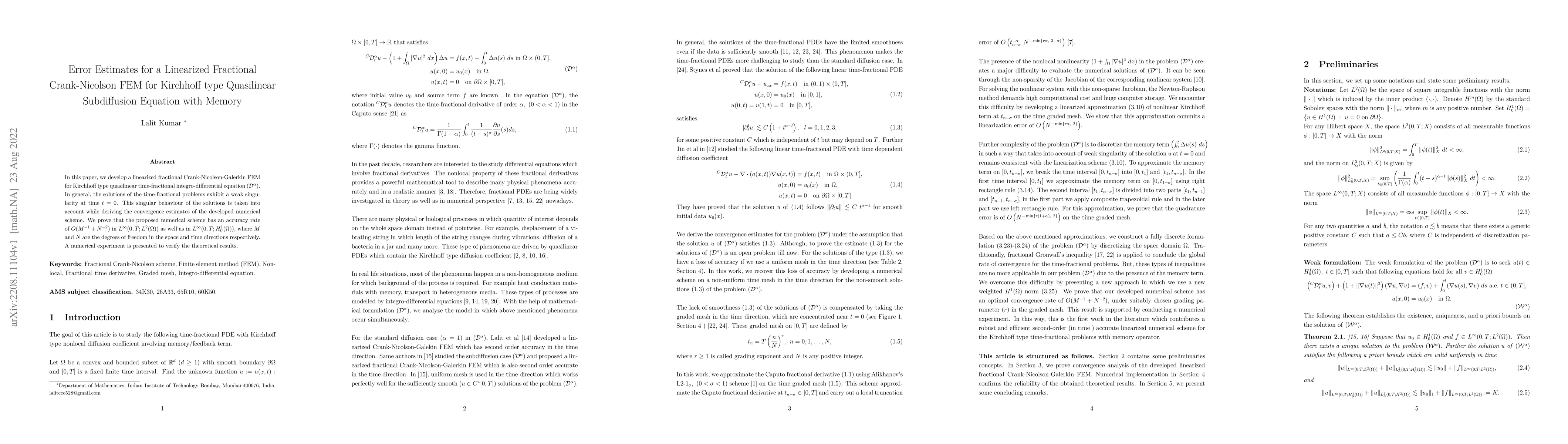 Thumbnail for Error Estimates for a Linearized Fractional Crank-Nicolson FEM for
  Kirchhoff type Quasilinear Subdiffusion Equation with Memory