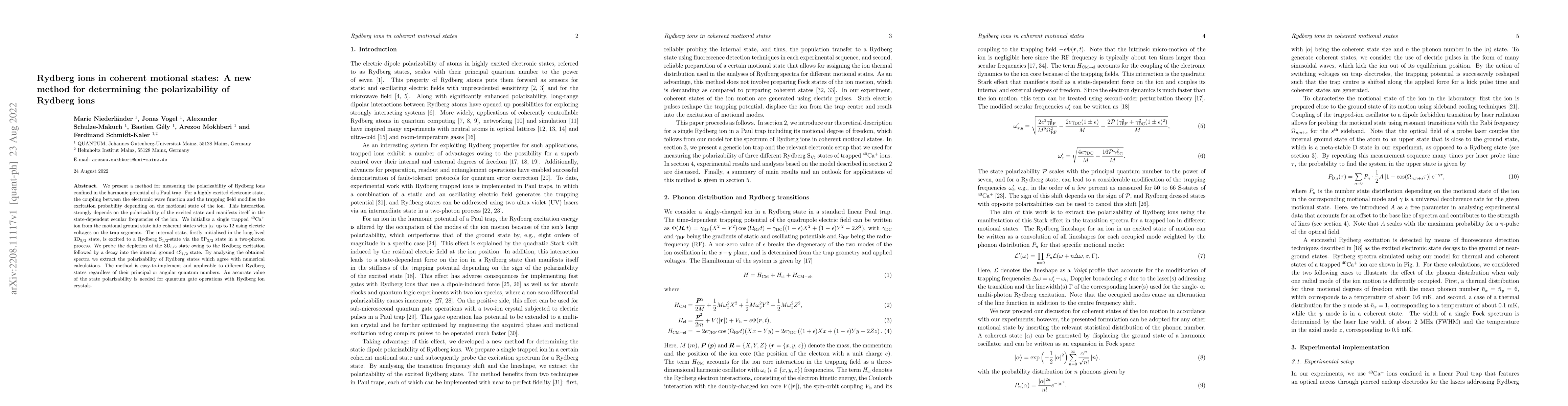 Thumbnail for Rydberg ions in coherent motional states: A new method for determining
  the polarizability of Rydberg ions
