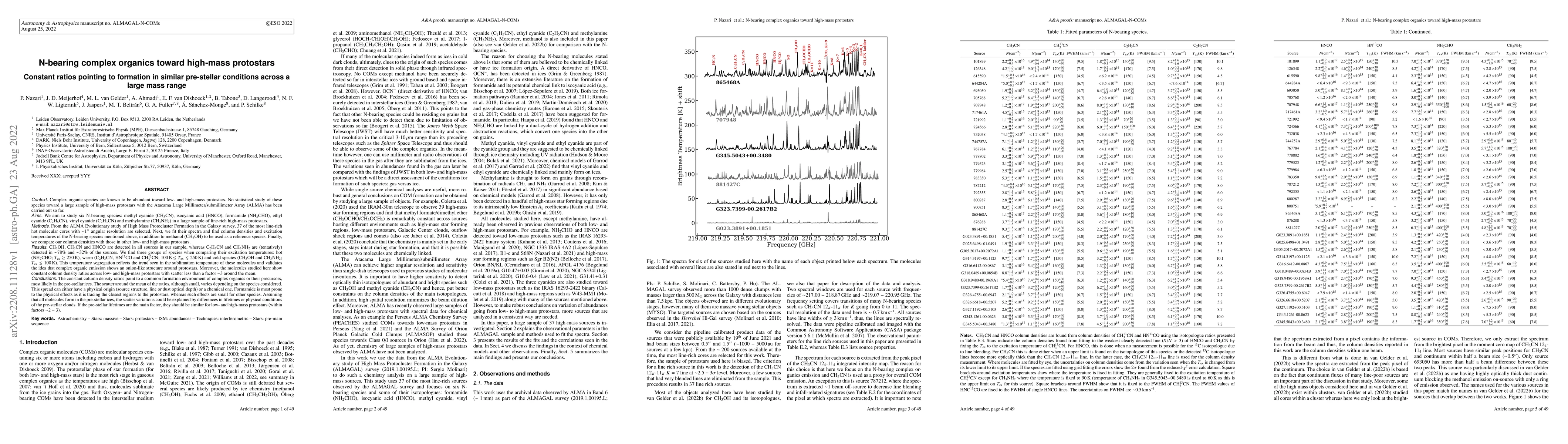 Thumbnail for N-bearing complex organics toward high-mass protostars: Constant ratios
  pointing to formation in similar pre-stellar conditions across a large mass
  range