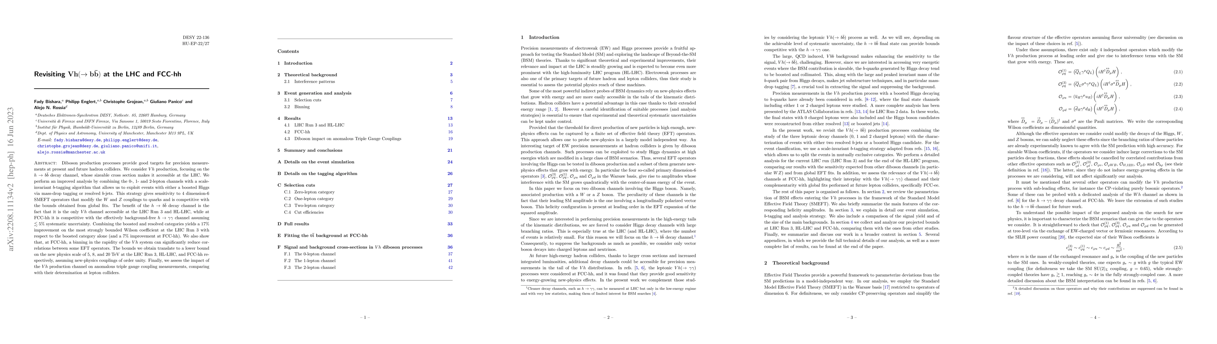 Thumbnail for Revisiting $\mathbf{Vh(\rightarrow b \bar b)}$ at the LHC and FCC-hh