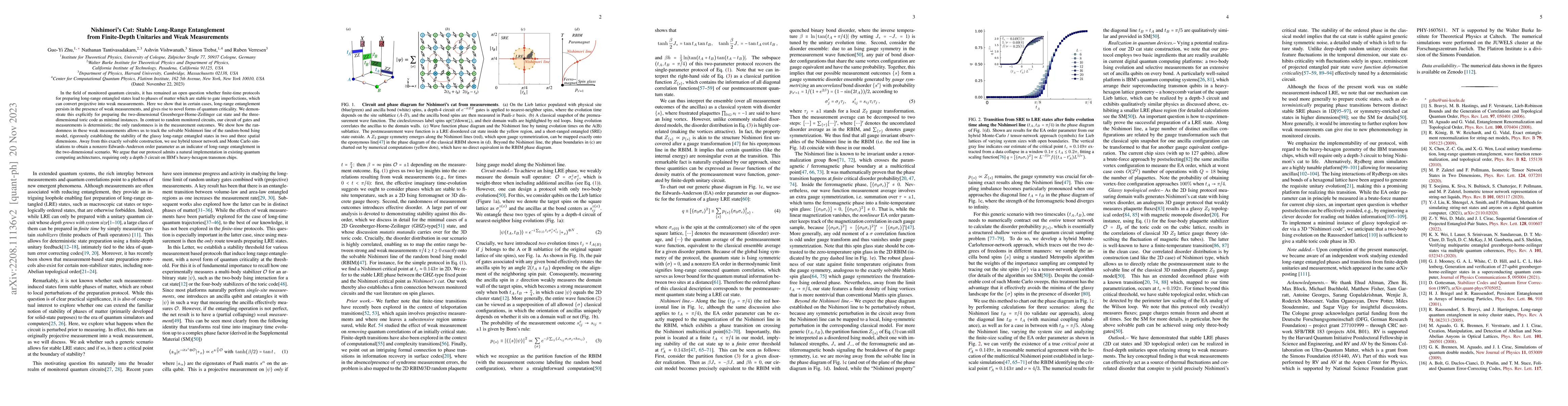 Thumbnail for Nishimori's cat: stable long-range entanglement from finite-depth
  unitaries and weak measurements