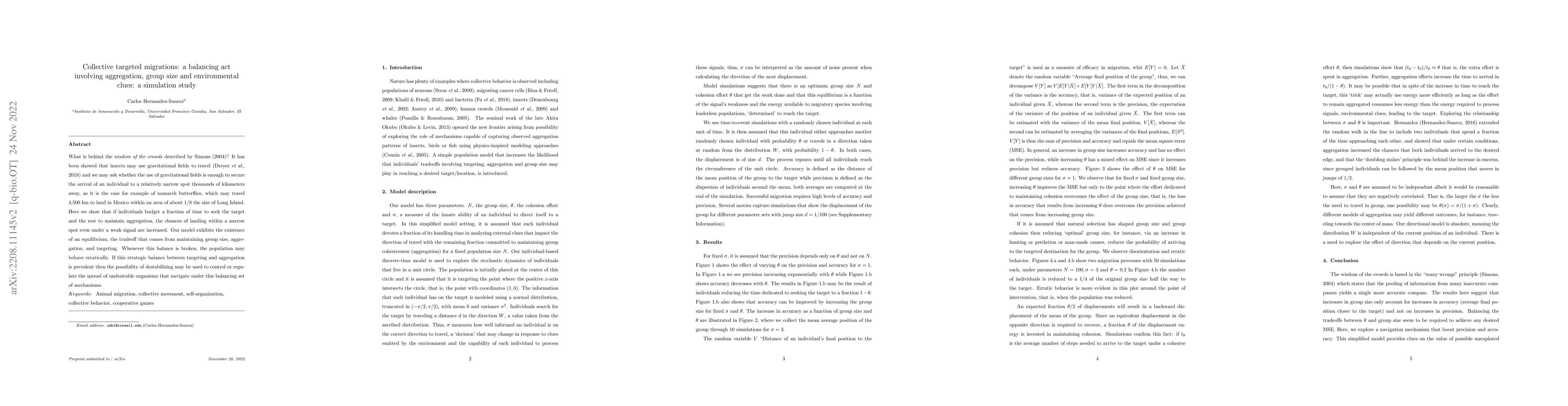 Thumbnail for Collective targeted migrations: a balancing act involving aggregation,
  group size and environmental clues: a simulation study