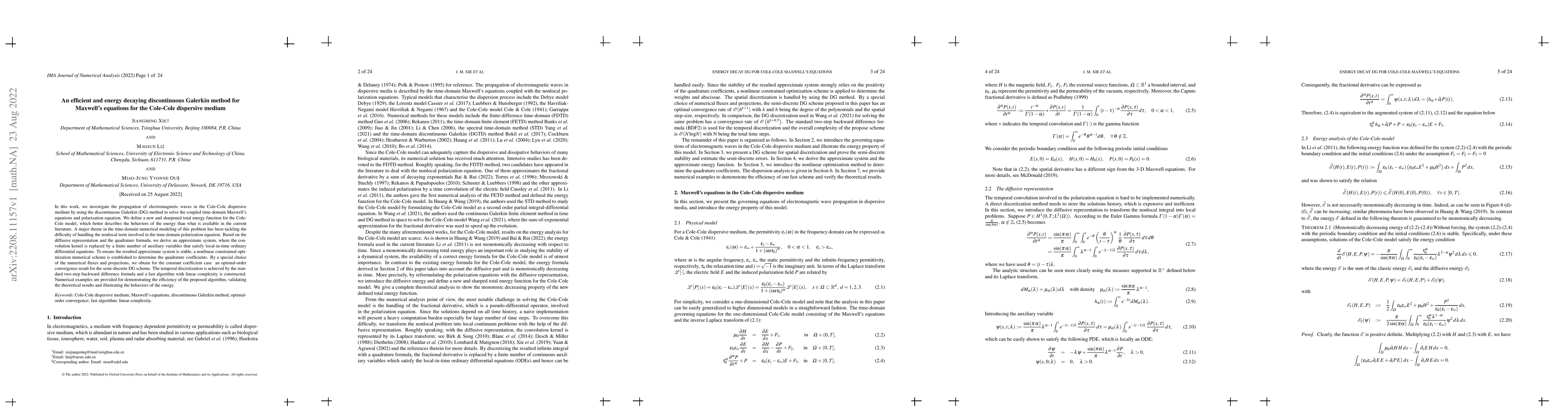 Thumbnail for An efficient and energy decaying discontinuous Galerkin method for
  Maxwell's equations for the Cole-Cole dispersive medium
