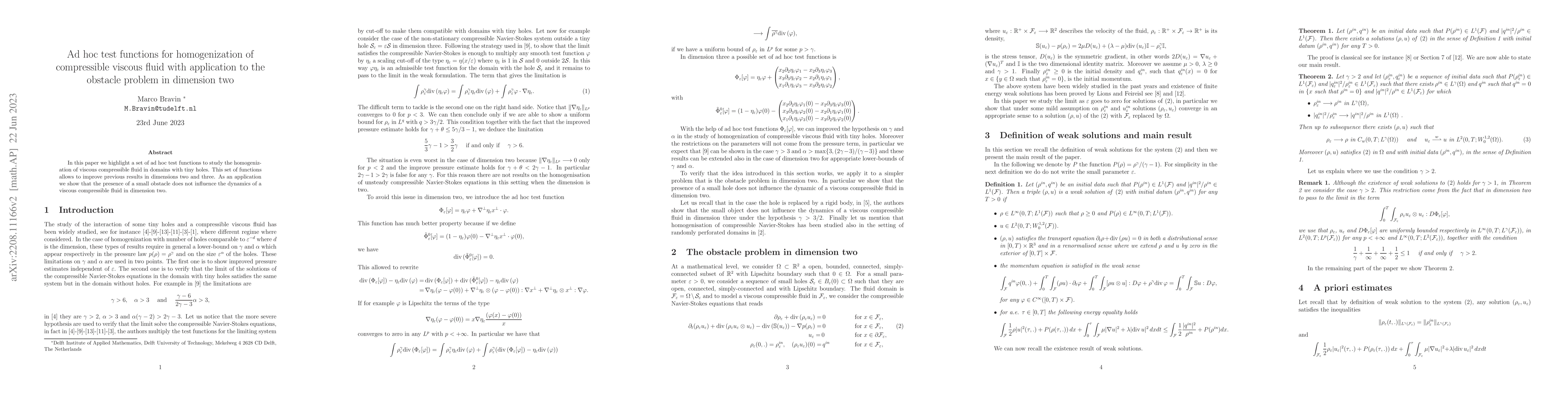 Thumbnail for Ad hoc test functions for homogenization of compressible viscous fluid
  with application to the obstacle problem in dimension two