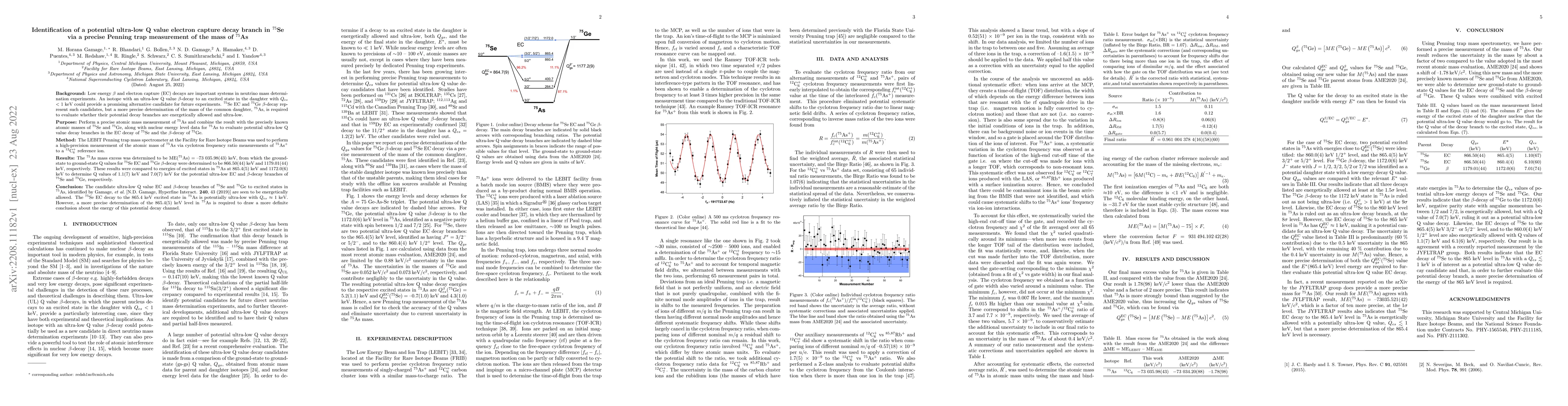 Thumbnail for Identification of a potential ultra-low Q value electron capture decay
  branch in $^{75}$Se via a precise Penning trap measurement of the mass of
  $^{75}$As