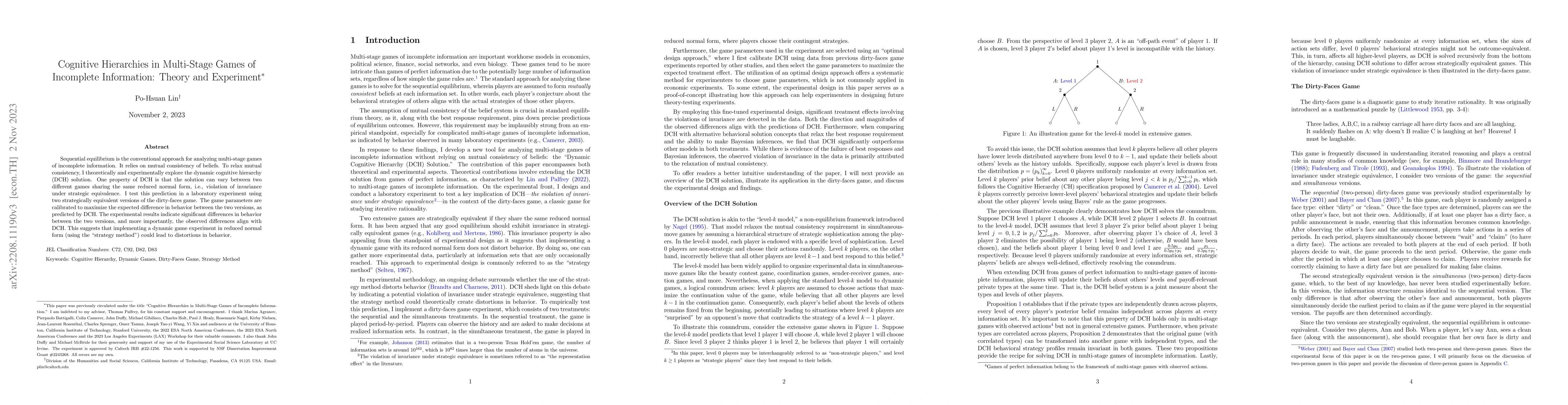 Thumbnail for Cognitive Hierarchies in Multi-Stage Games of Incomplete Information:
  Theory and Experiment