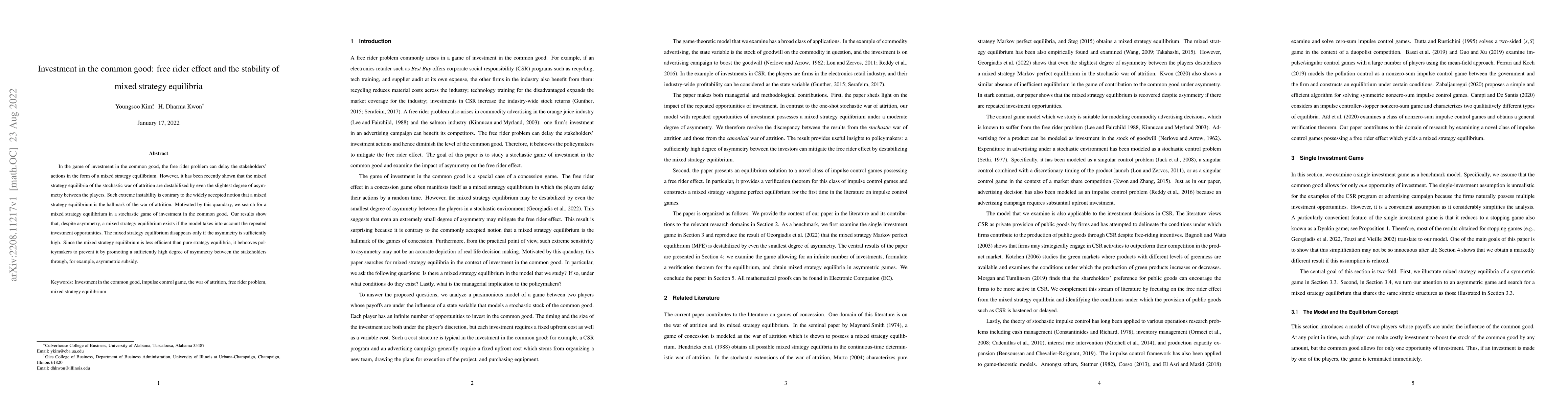 Thumbnail for Investment in the common good: free rider effect and the stability of
  mixed strategy equilibria