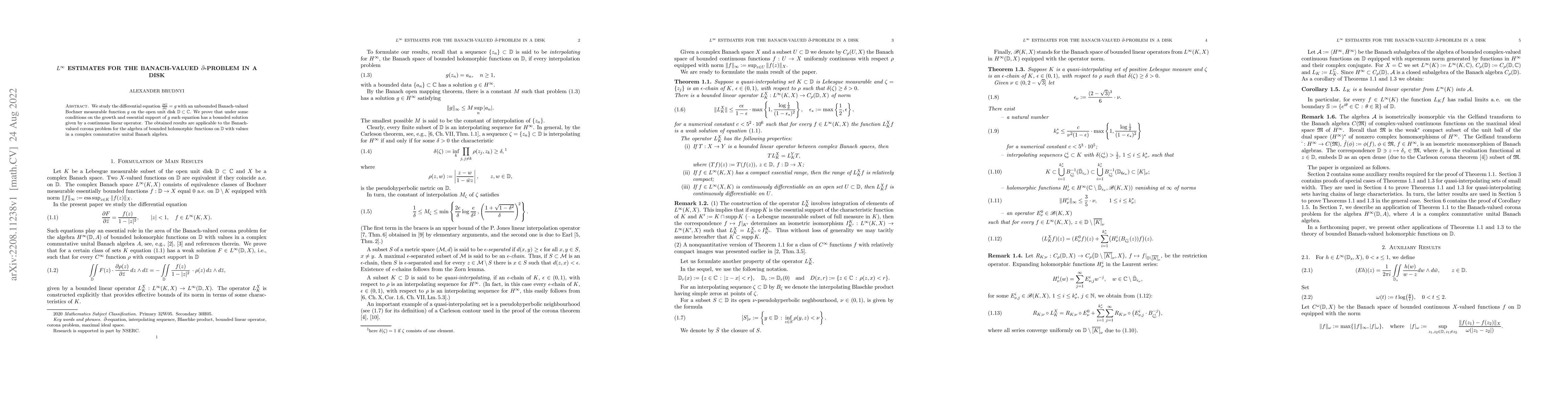 Thumbnail for $L^\infty$ Estimates for the Banach-valued $\bar\partial$ problem in a
  Disk