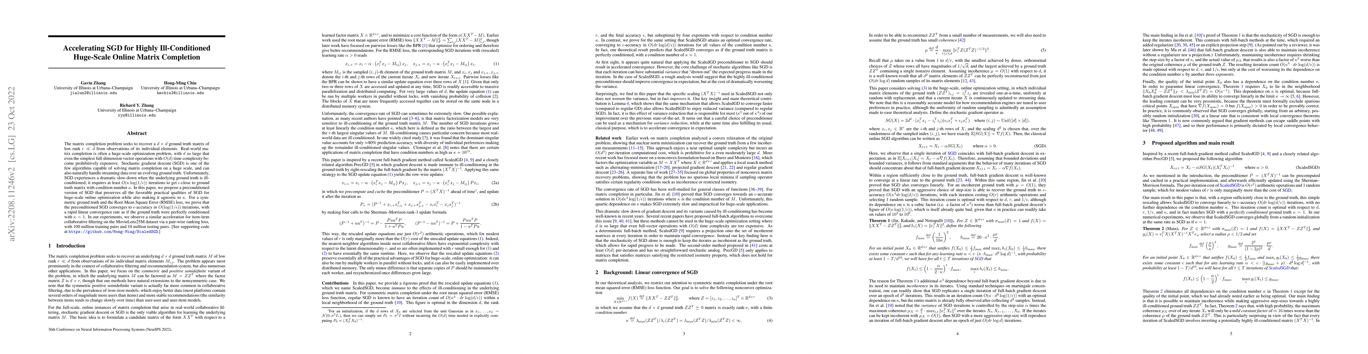 Thumbnail for Accelerating SGD for Highly Ill-Conditioned Huge-Scale Online Matrix
  Completion