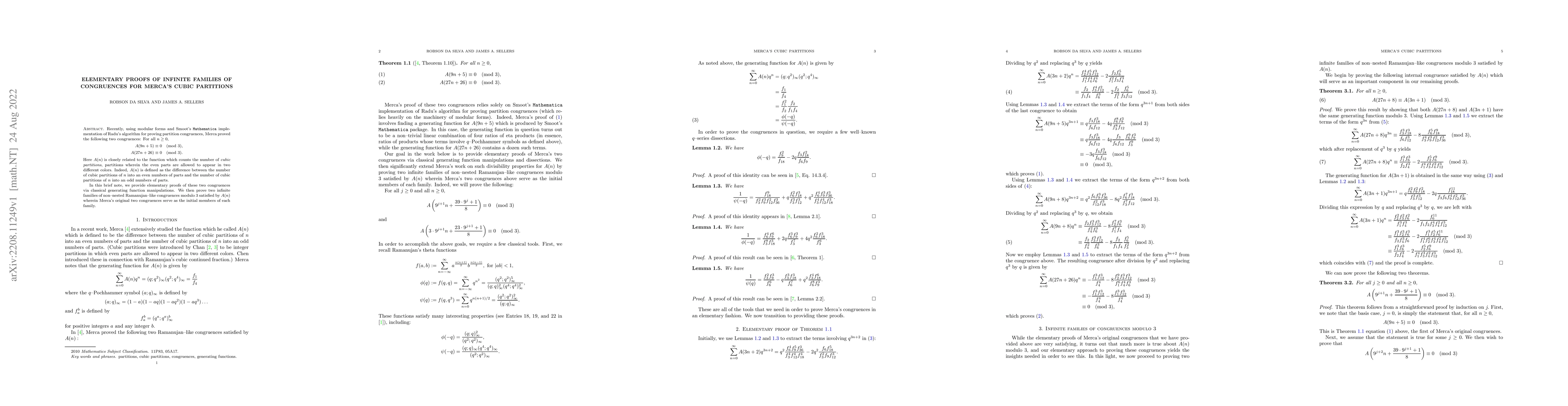 Thumbnail for Elementary Proofs of Infinite Families of Congruences for Merca's Cubic
  Partitions