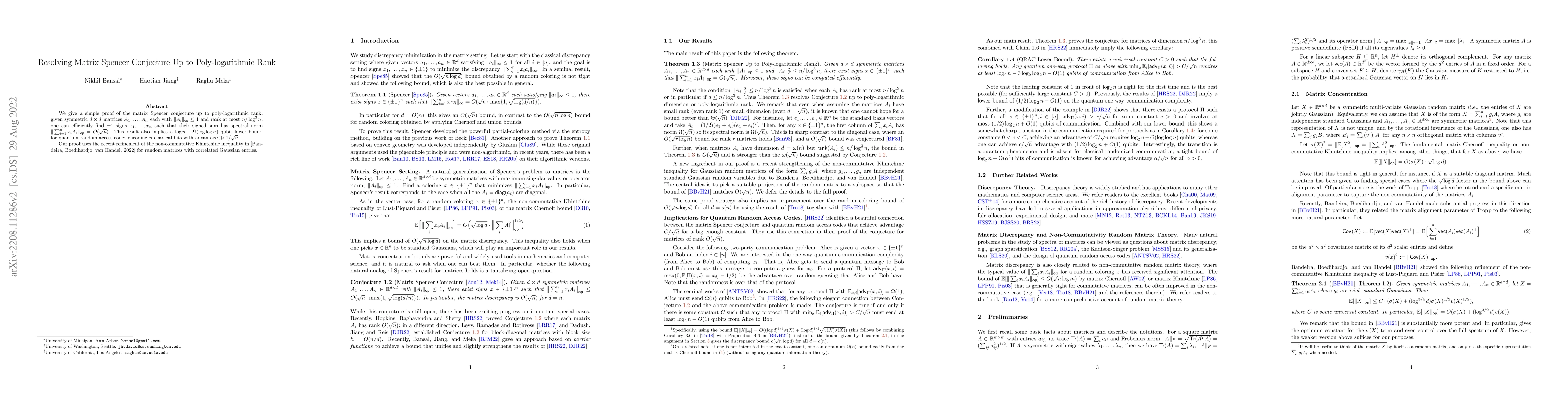 Thumbnail for Resolving Matrix Spencer Conjecture Up to Poly-logarithmic Rank