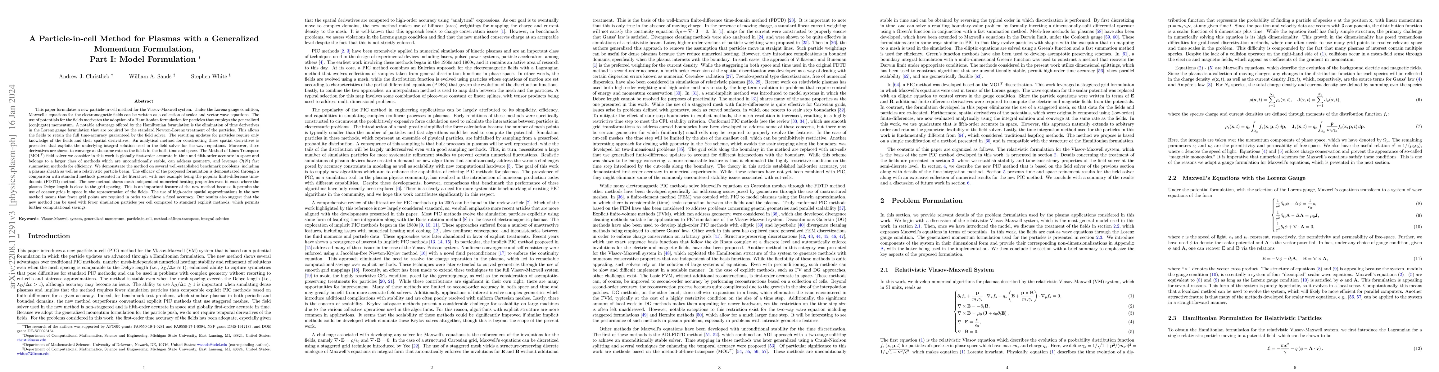 Thumbnail for A Particle-in-cell Method for Plasmas with a Generalized Momentum
  Formulation, Part I: Model Formulation