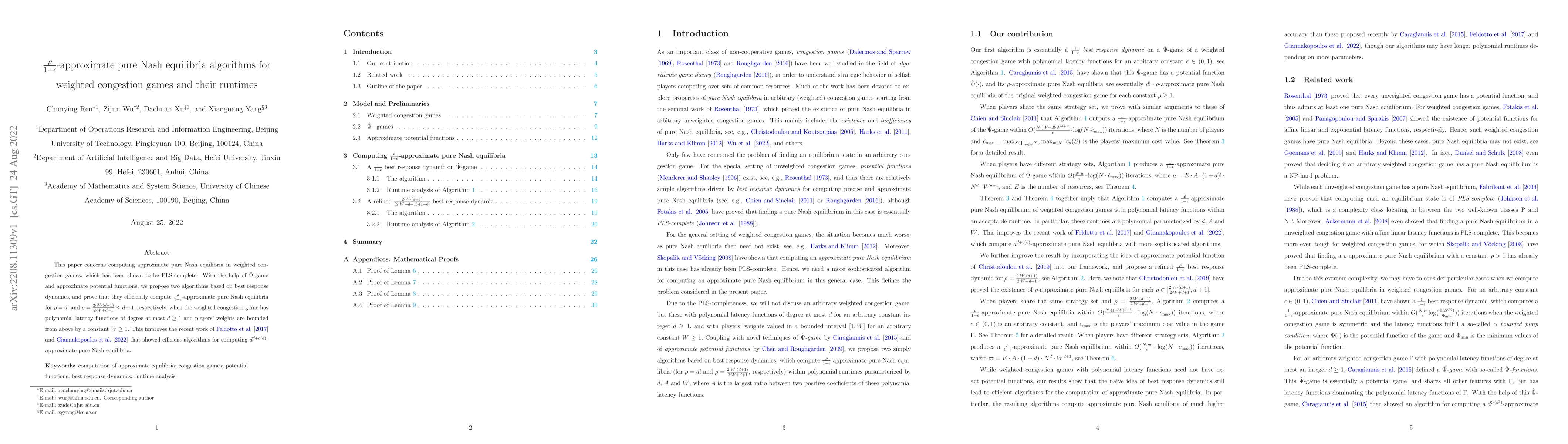 Thumbnail for $\frac{\rho}{1-\epsilon}$-approximate pure Nash equilibria algorithms
  for weighted congestion games and their runtimes
