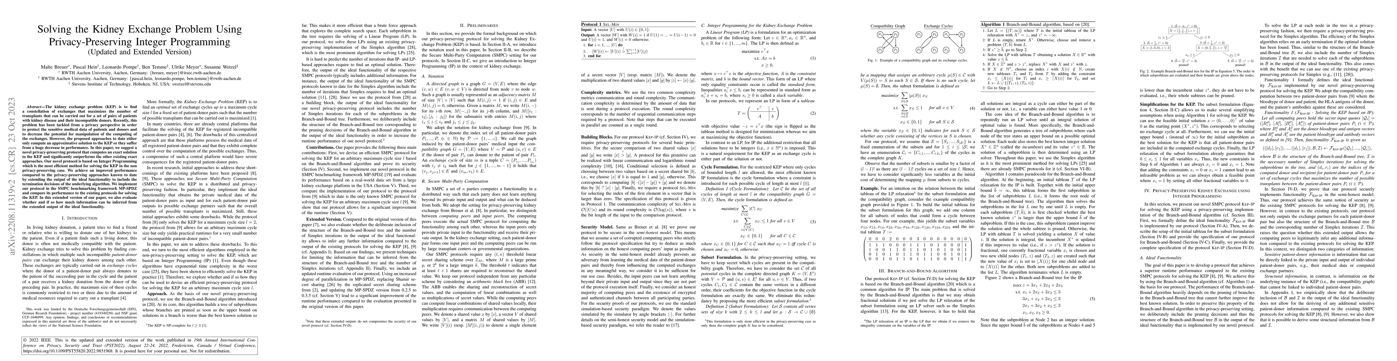 Thumbnail for Solving the Kidney Exchange Problem Using Privacy-Preserving Integer
  Programming (Updated and Extended Version)