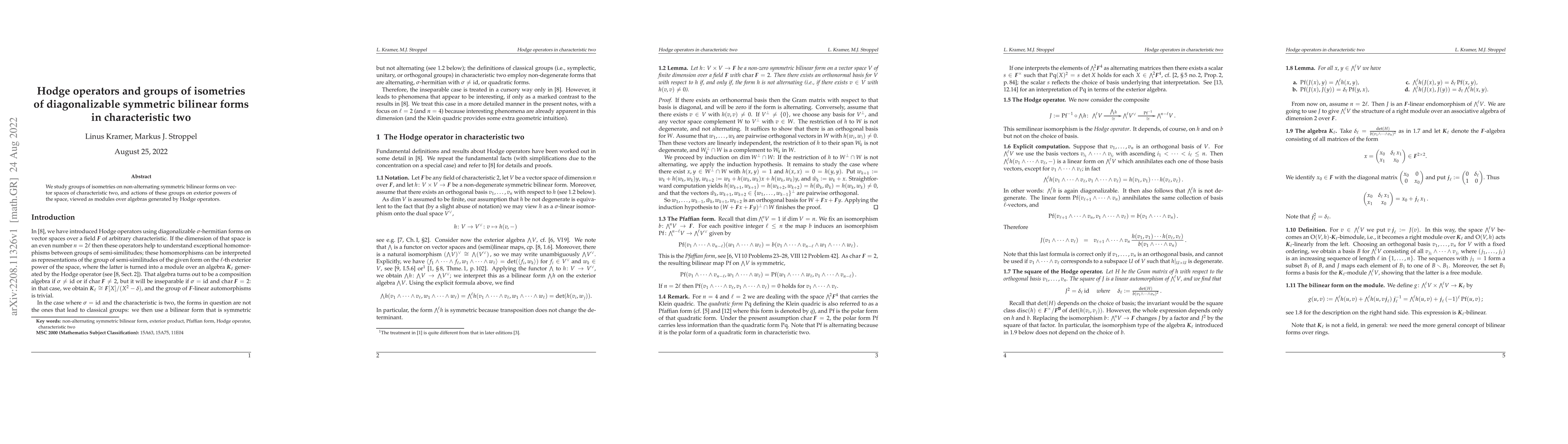 Thumbnail for Hodge operators and groups of isometries of diagonalizable symmetric
  bilinear forms in characteristic two