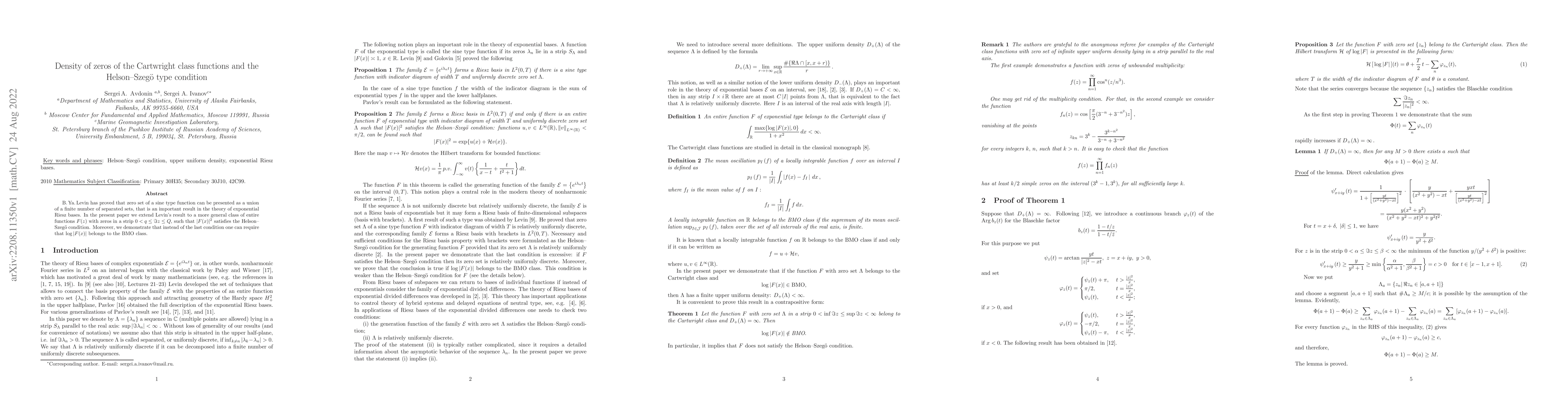 Thumbnail for Density of zeros of the Cartwright class functions and the
  Helson--Szeg\"o type condition
