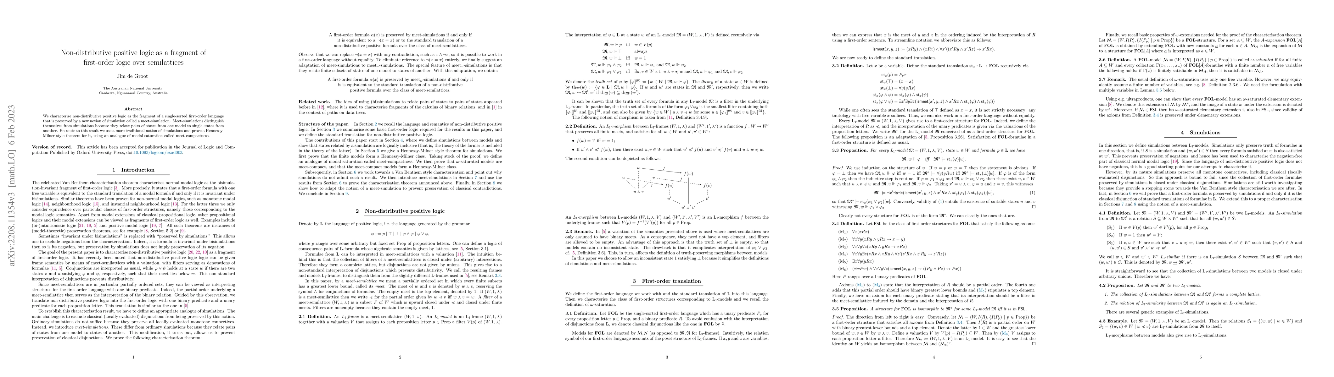 Thumbnail for Non-distributive positive logic as a fragment of first-order logic over
  semilattices