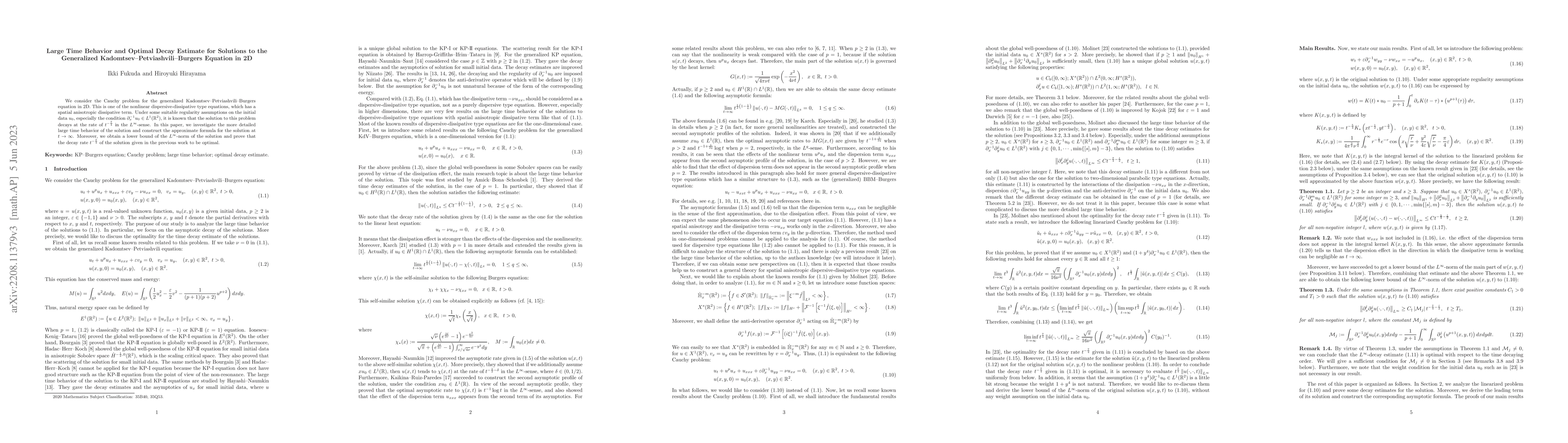 Thumbnail for Large time behavior and optimal decay estimate for solutions to the
  generalized Kadomtsev--Petviashvili--Burgers equation in 2D