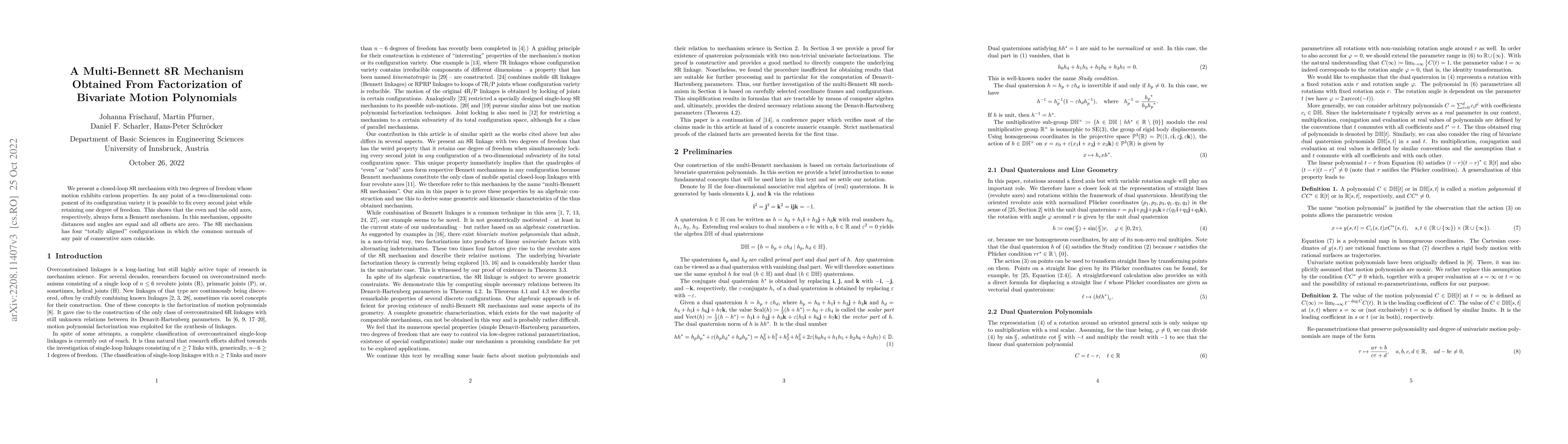 Thumbnail for A Multi-Bennett 8R Mechanism Obtained From Factorization of Bivariate
  Motion Polynomials
