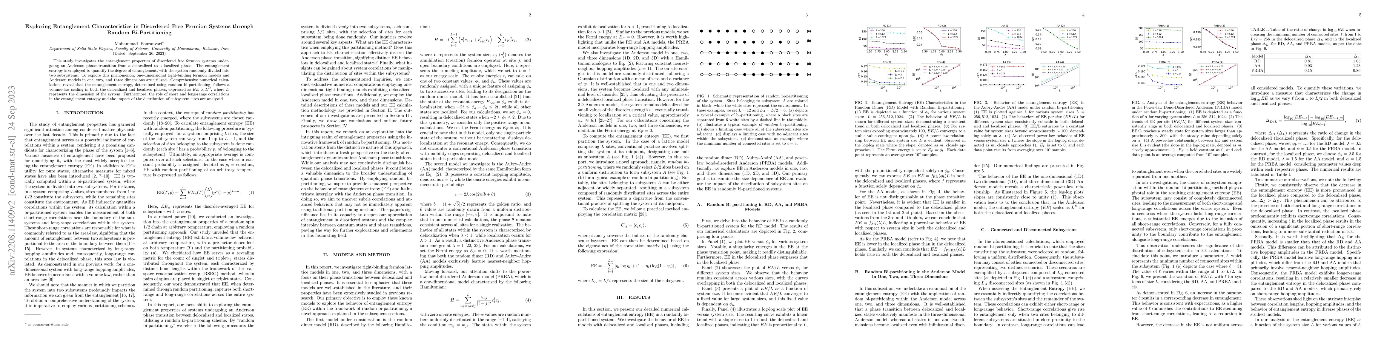 Thumbnail for Exploring Entanglement Characteristics in Disordered Free Fermion
  Systems through Random Bi-Partitioning