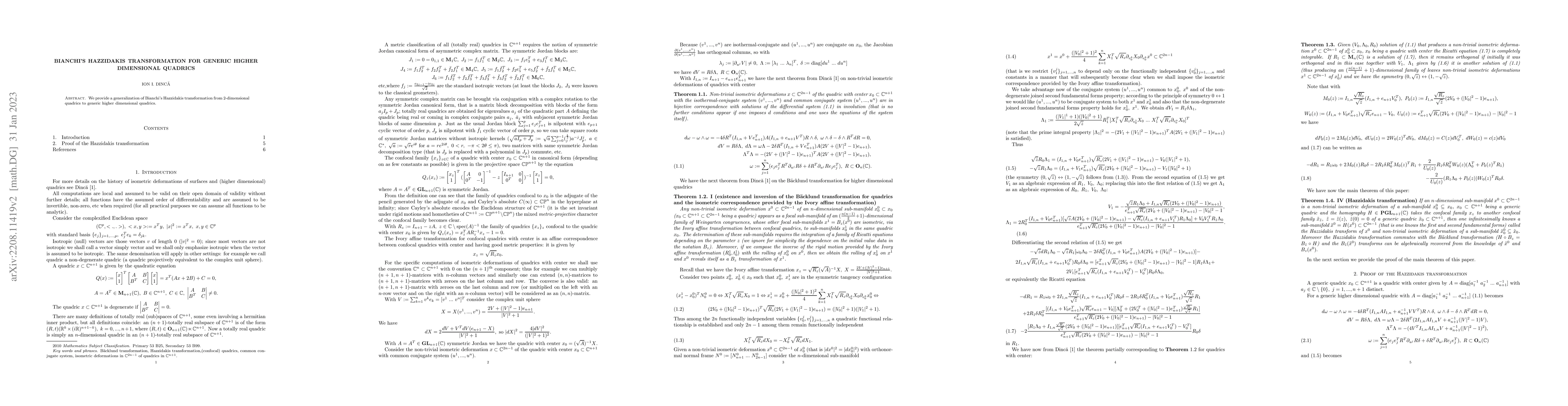 Thumbnail for Bianchi's Hazzidakis transformation for generic higher dimensional
  quadrics