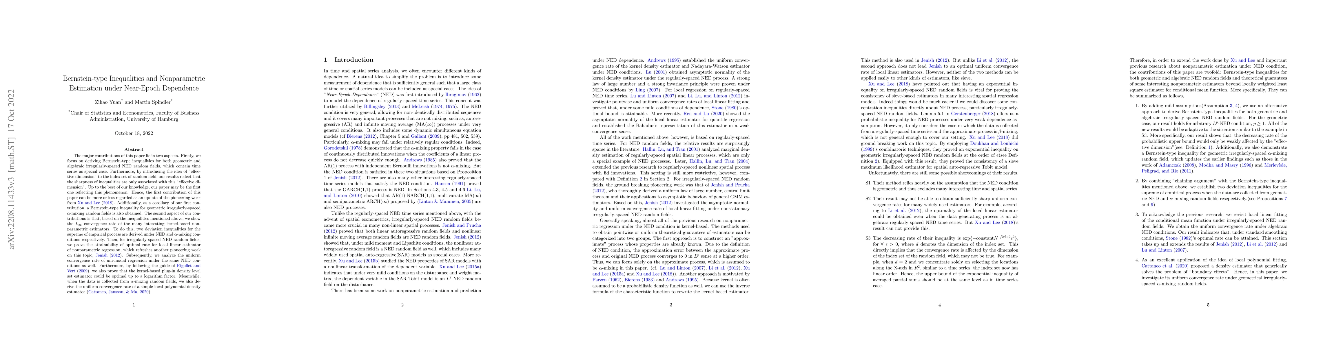 Thumbnail for Bernstein-type Inequalities and Nonparametric Estimation under
  Near-Epoch Dependence