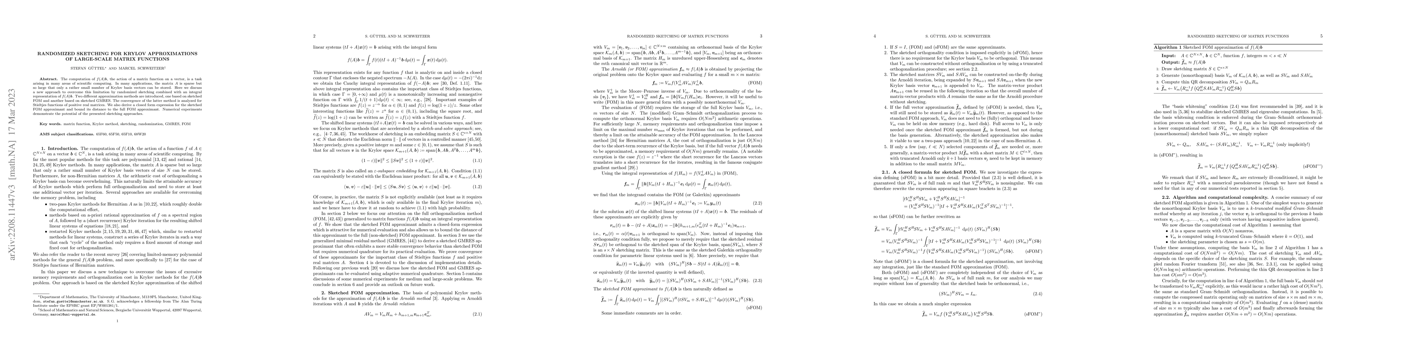 Thumbnail for Randomized sketching for Krylov approximations of large-scale matrix
  functions