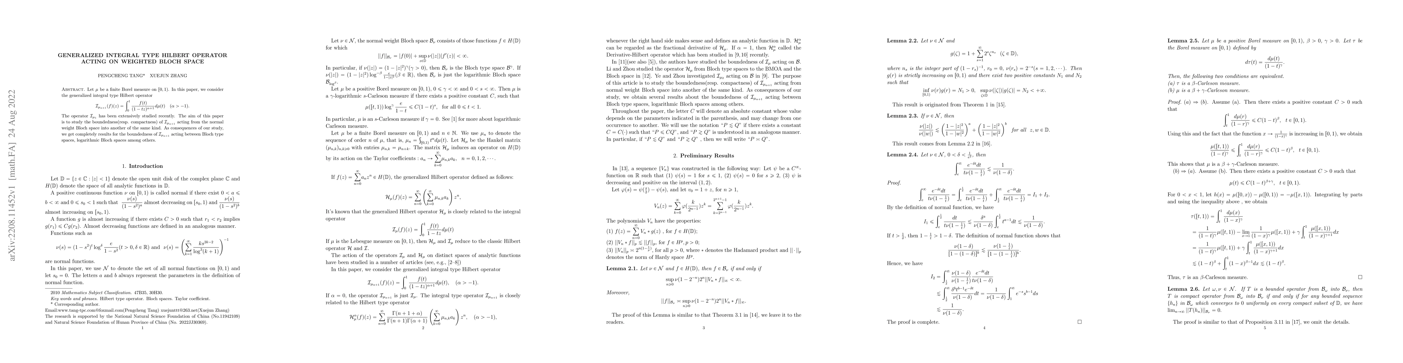Thumbnail for Generalized integral type Hilbert operator acting on weighted Bloch
  space