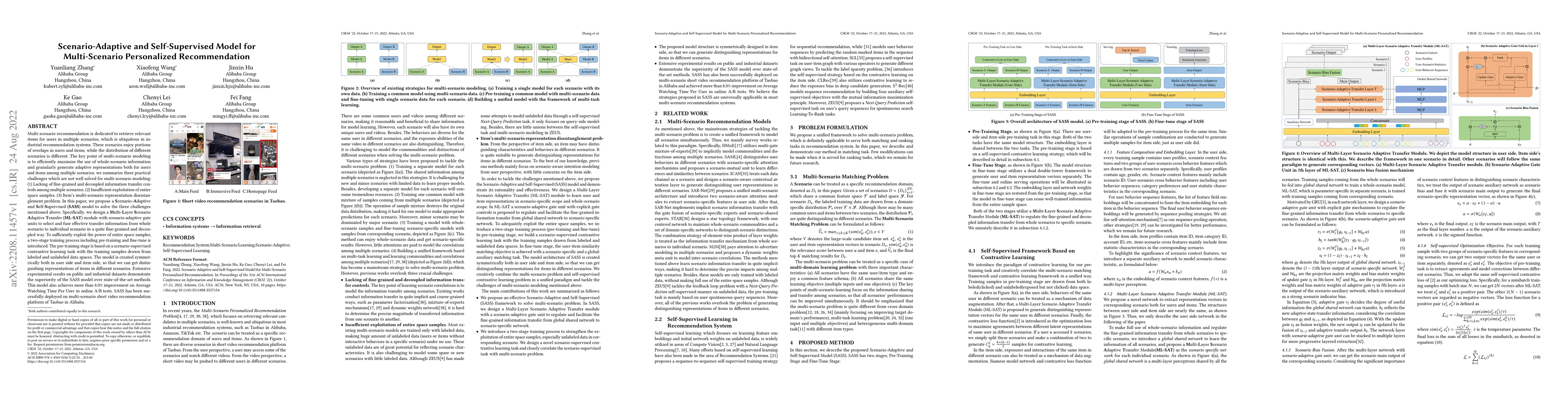 Thumbnail for Scenario-Adaptive and Self-Supervised Model for Multi-Scenario
  Personalized Recommendation
