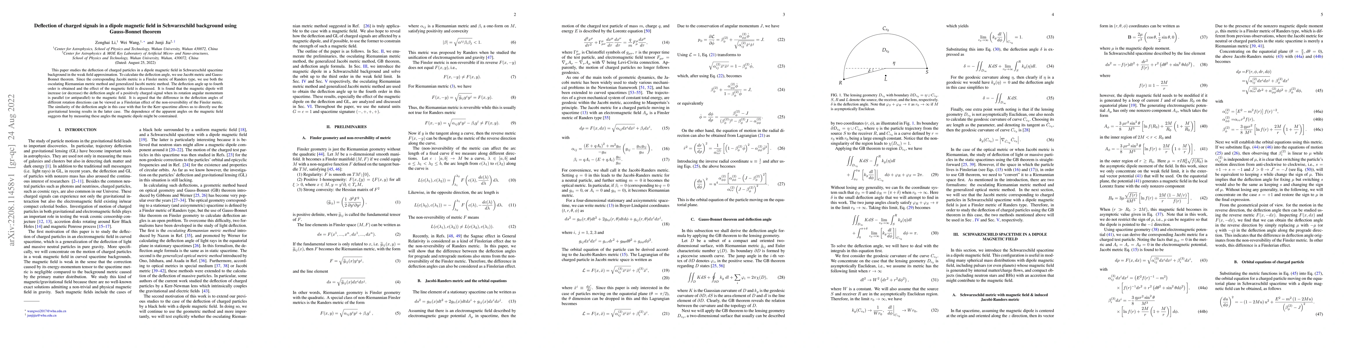Thumbnail for Deflection of charged signals in a dipole magnetic field in
  Schwarzschild background using Gauss-Bonnet theorem