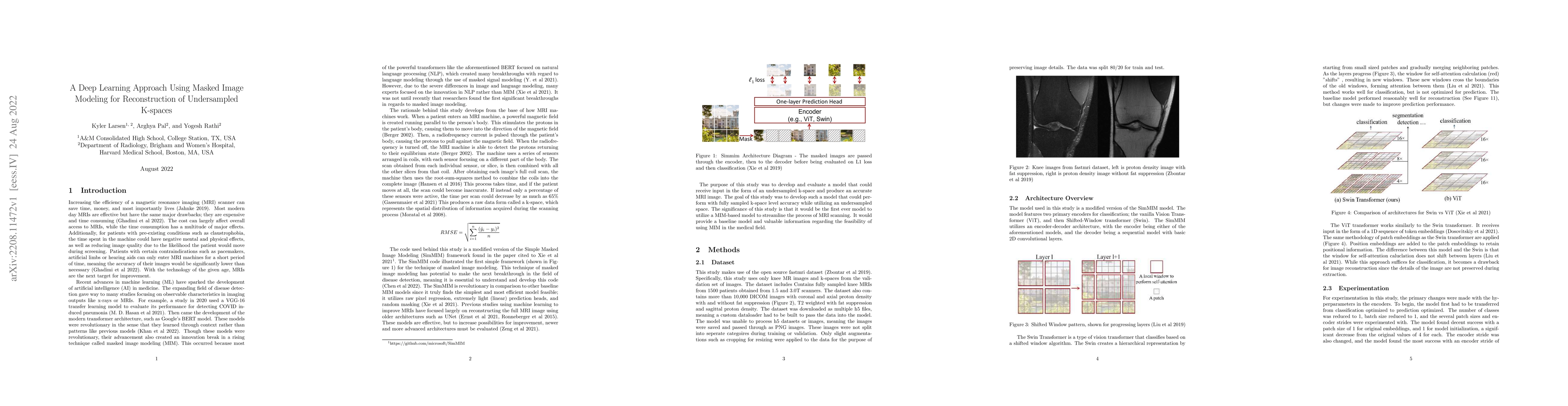 Thumbnail for A Deep Learning Approach Using Masked Image Modeling for Reconstruction
  of Undersampled K-spaces