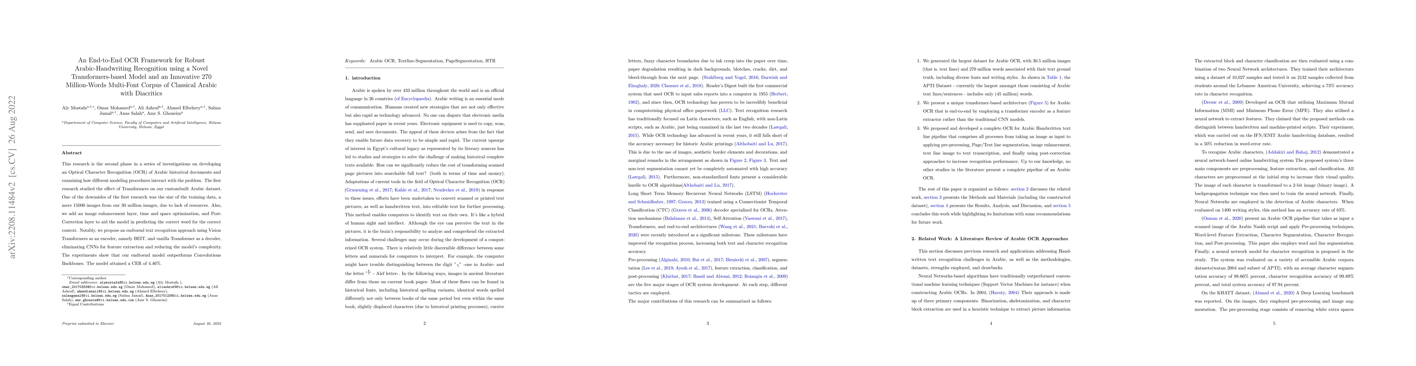 Thumbnail for An End-to-End OCR Framework for Robust Arabic-Handwriting Recognition
  using a Novel Transformers-based Model and an Innovative 270 Million-Words
  Multi-Font Corpus of Classical Arabic with Diacritics