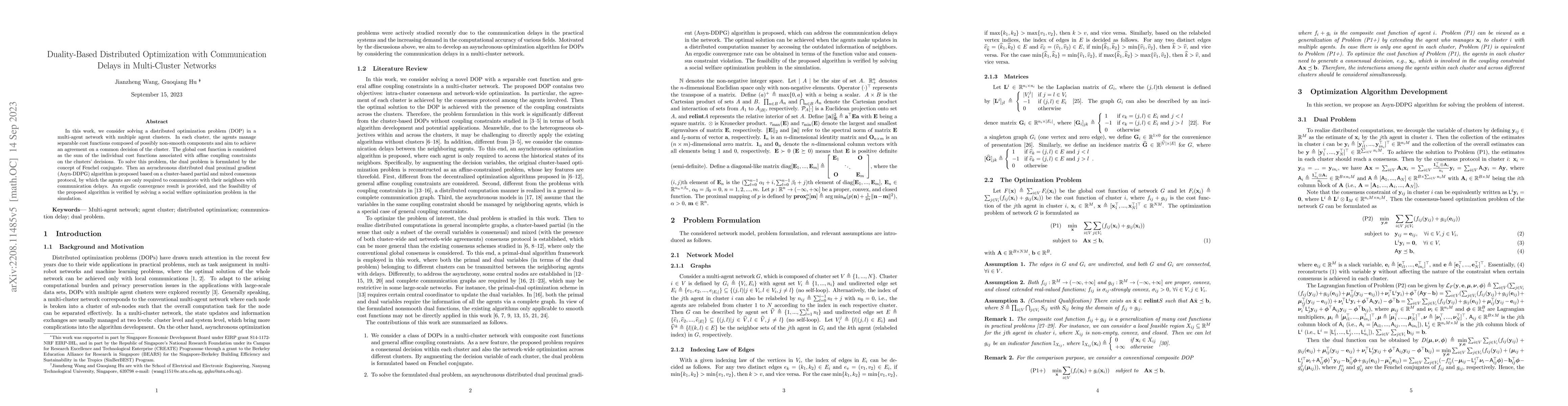 Thumbnail for Duality-Based Distributed Optimization With Communication Delays in
  Multi-Cluster Networks
