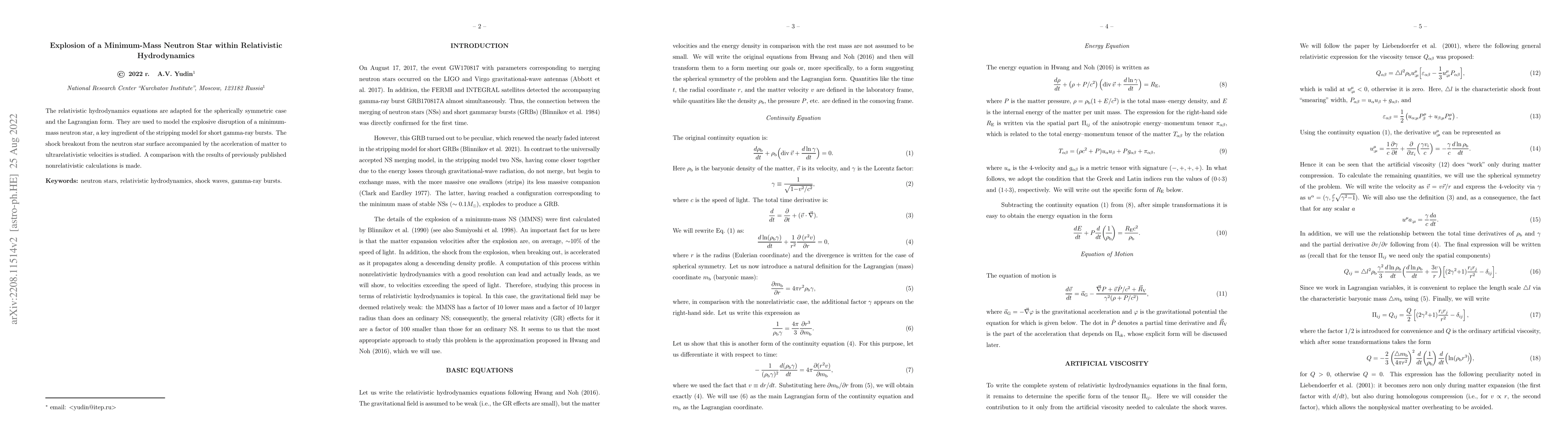 Thumbnail for Explosion of a Minimum-Mass Neutron Star within Relativistic
  Hydrodynamics