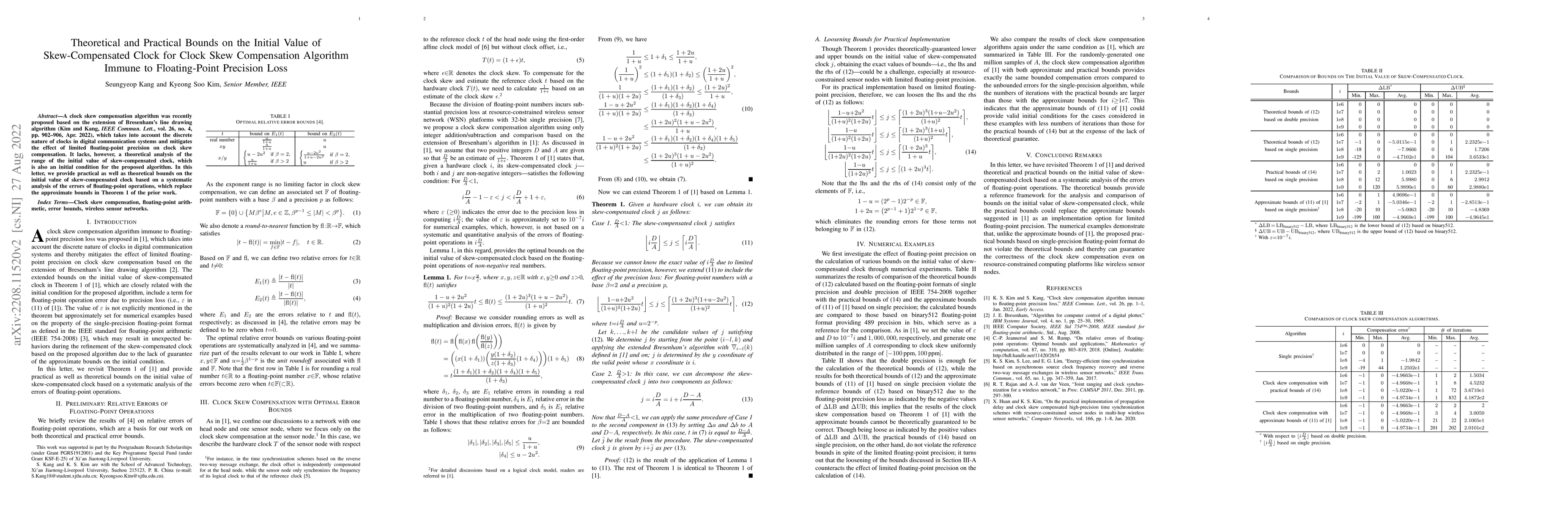 Thumbnail for Theoretical and Practical Bounds on the Initial Value of
  Skew-Compensated Clock for Clock Skew Compensation Algorithm Immune to
  Floating-Point Precision Loss