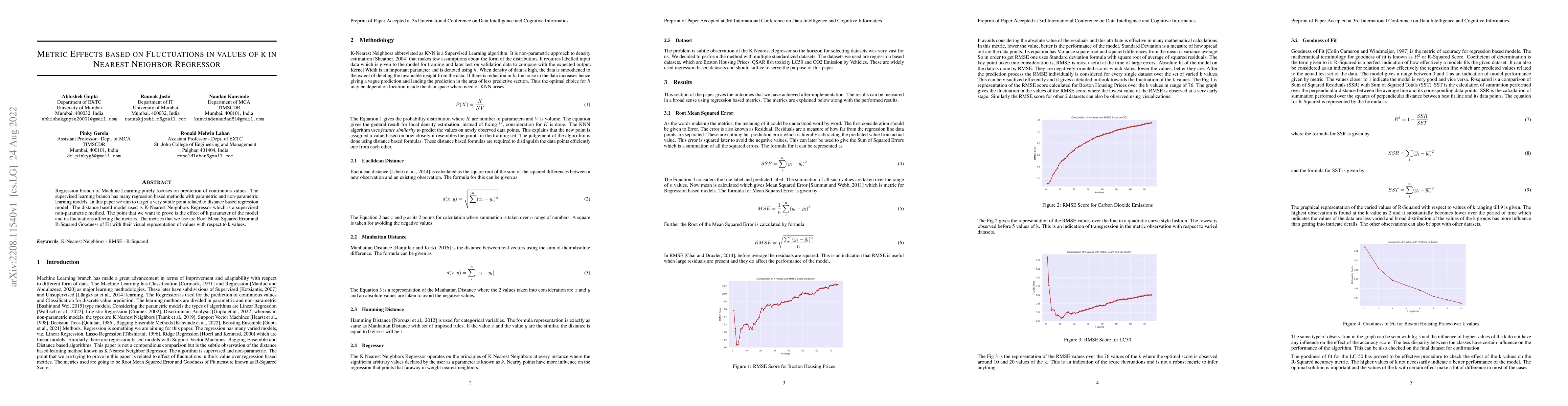 Thumbnail for Metric Effects based on Fluctuations in values of k in Nearest Neighbor
  Regressor