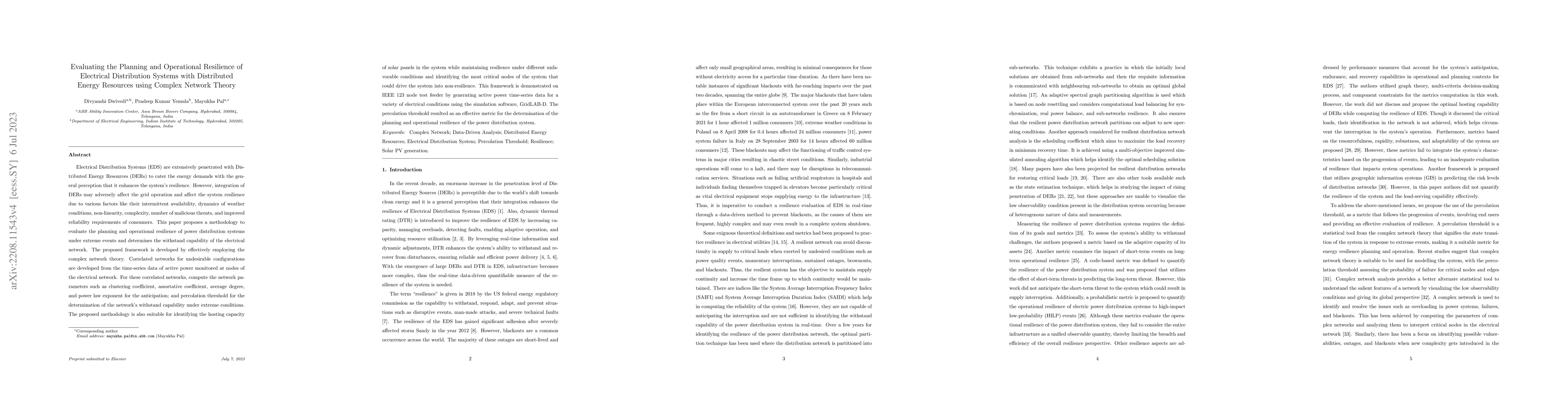 Thumbnail for Evaluating the Planning and Operational Resilience of Electrical
  Distribution Systems with Distributed Energy Resources using Complex Network
  Theory