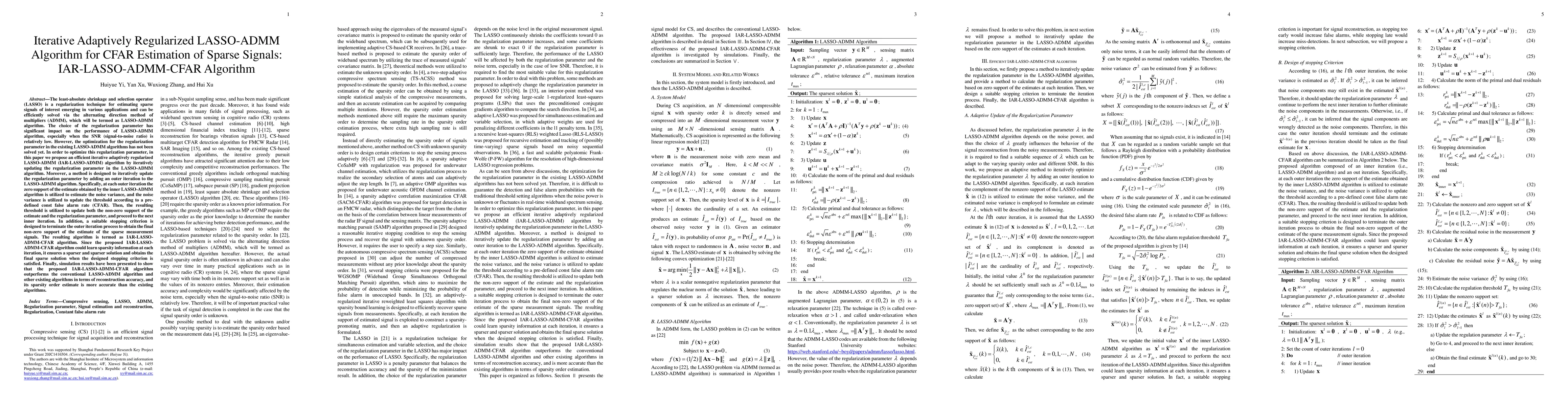 Thumbnail for Iterative Adaptively Regularized LASSO-ADMM Algorithm for CFAR
  Estimation of Sparse Signals: IAR-LASSO-ADMM-CFAR Algorithm