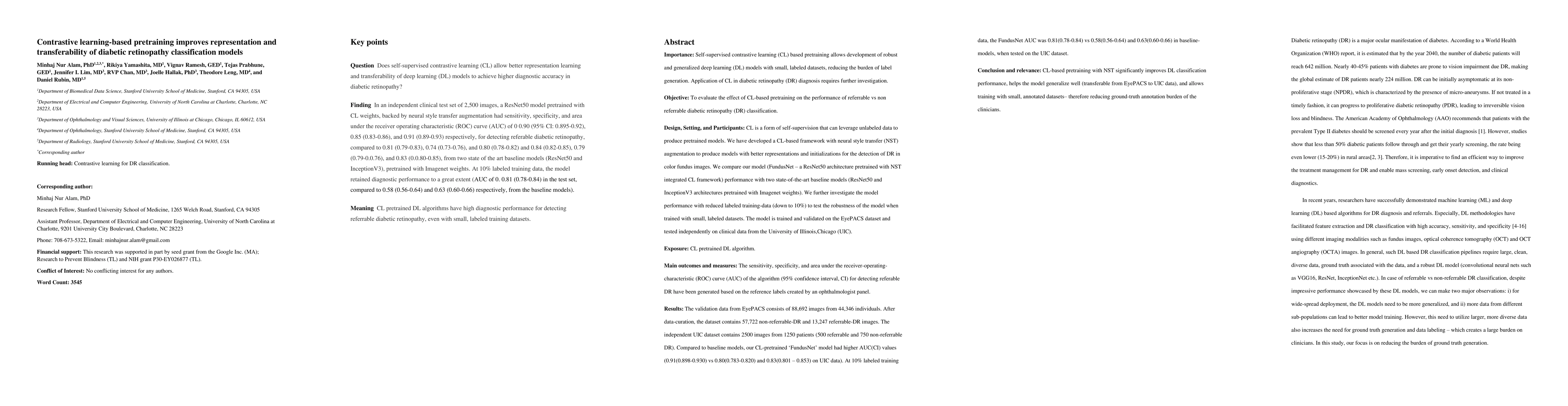 Thumbnail for Contrastive learning-based pretraining improves representation and
  transferability of diabetic retinopathy classification models