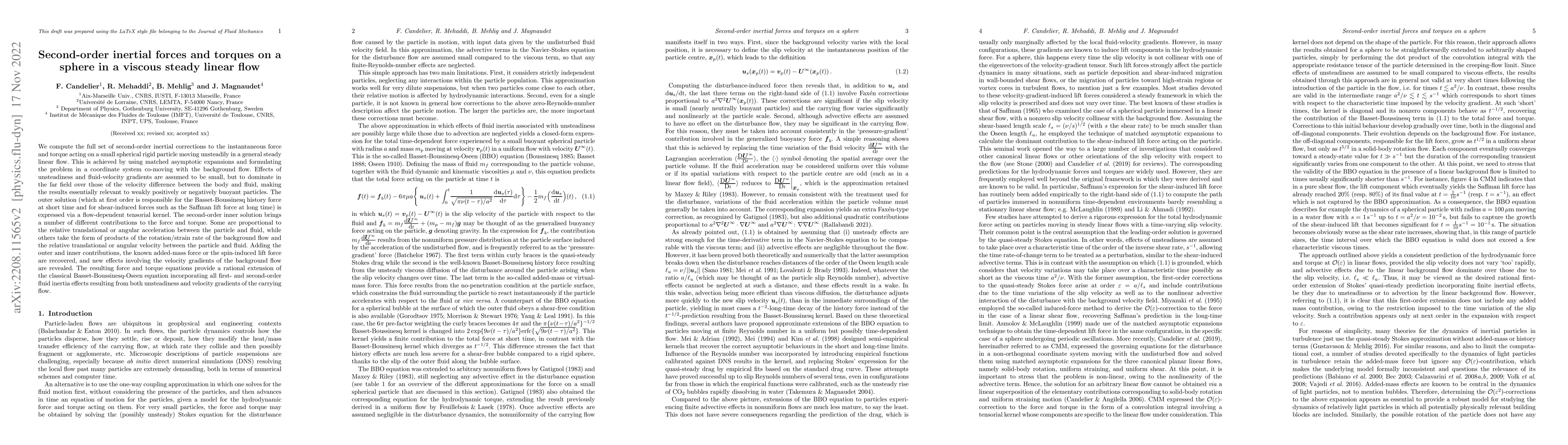 Thumbnail for Second-order inertial forces and torques on a sphere in a viscous steady
  linear flow