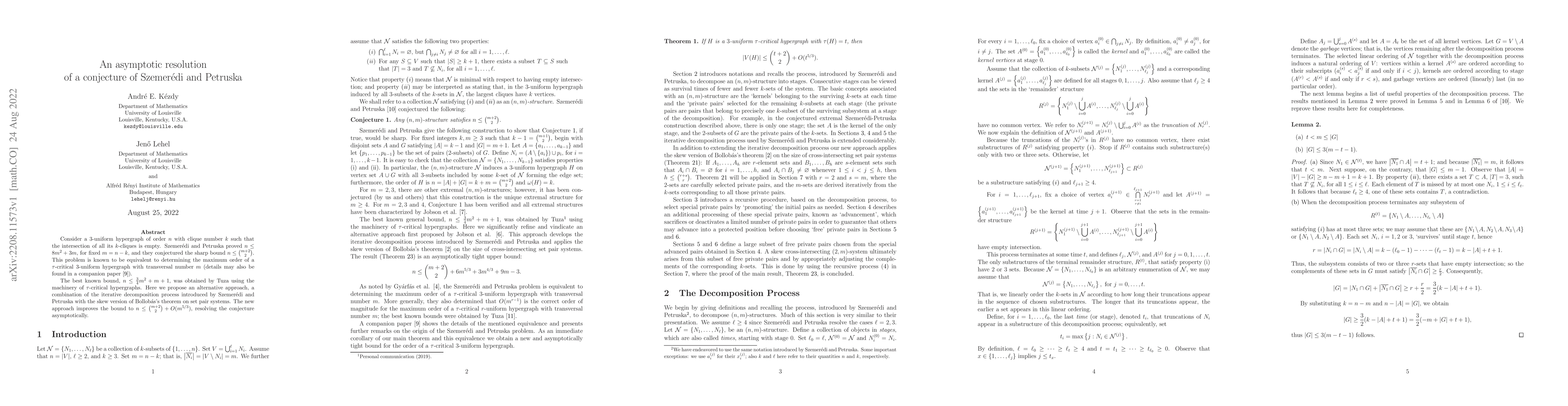 Thumbnail for An asymptotic resolution of a conjecture of Szemer\'{e}di and Petruska