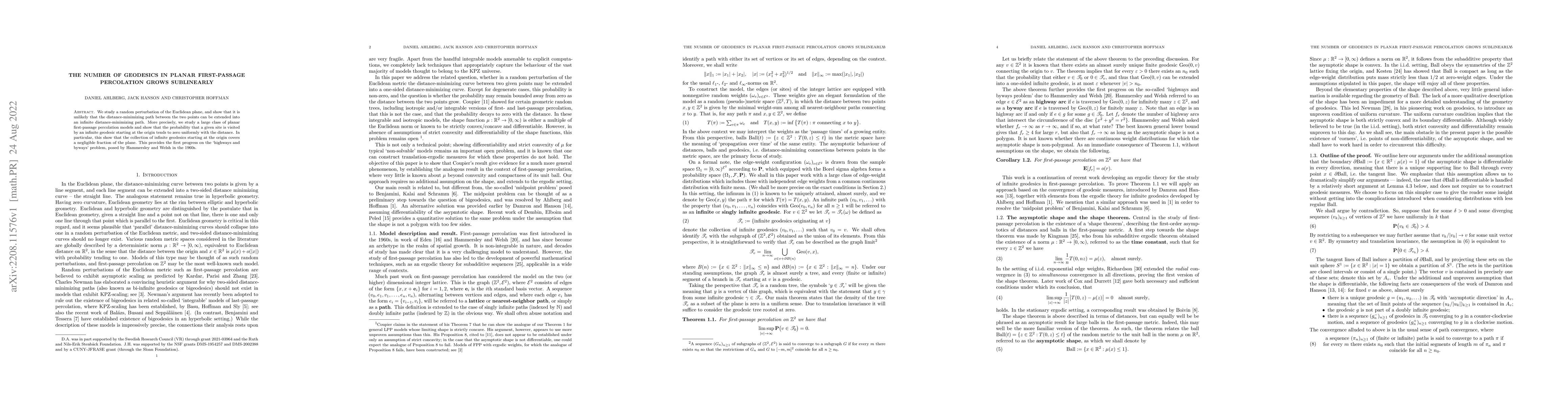 Thumbnail for The number of geodesics in planar first-passage percolation grows
  sublinearly