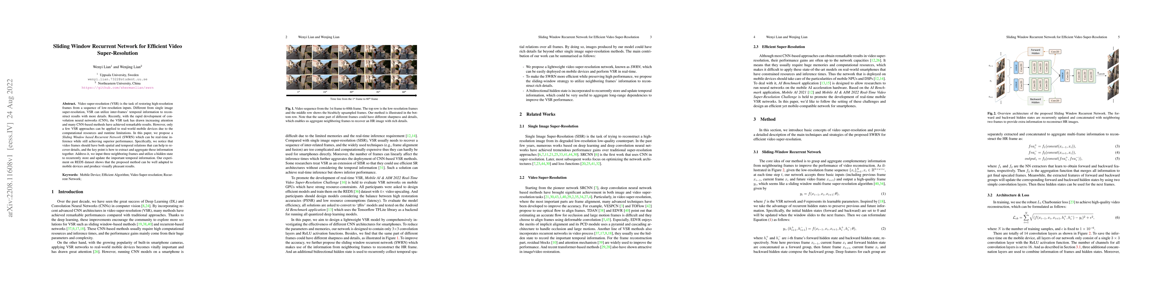 Thumbnail for Sliding Window Recurrent Network for Efficient Video Super-Resolution