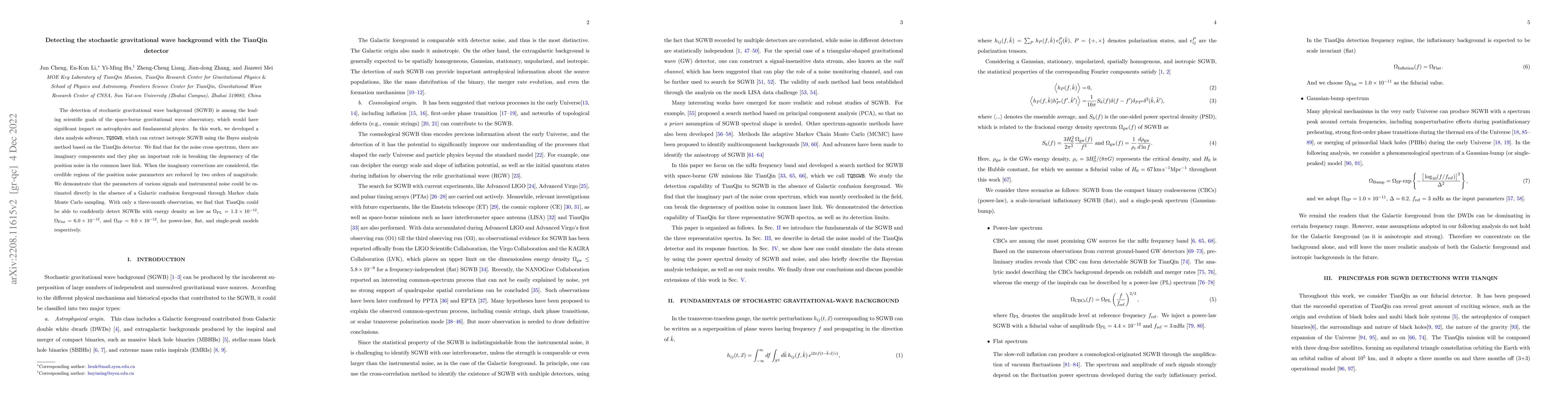Thumbnail for Detecting the stochastic gravitational wave background with the TianQin
  detector