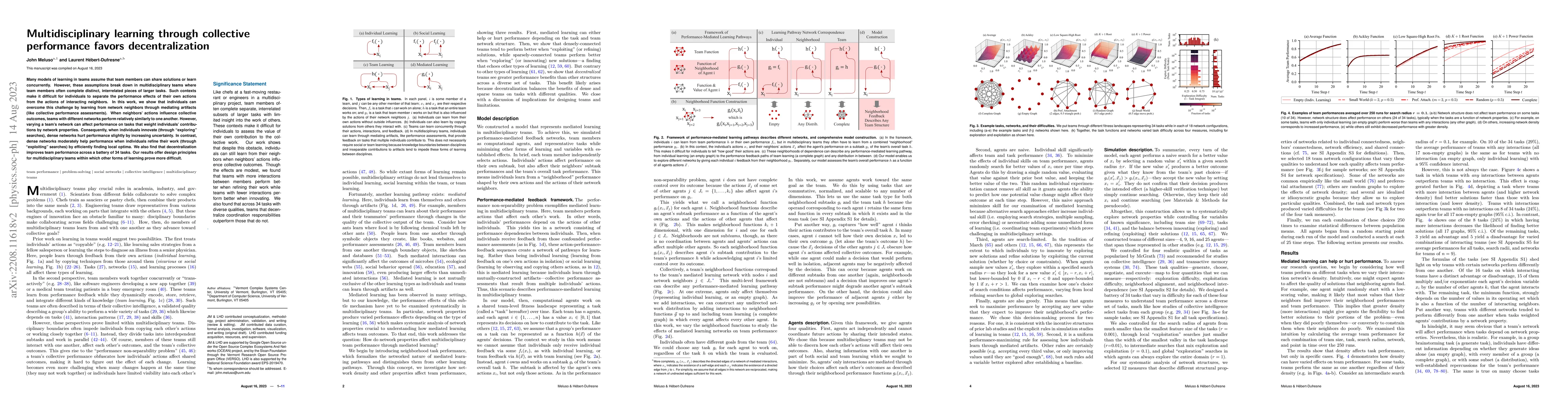 Thumbnail for Multidisciplinary learning through collective performance favors
  decentralization