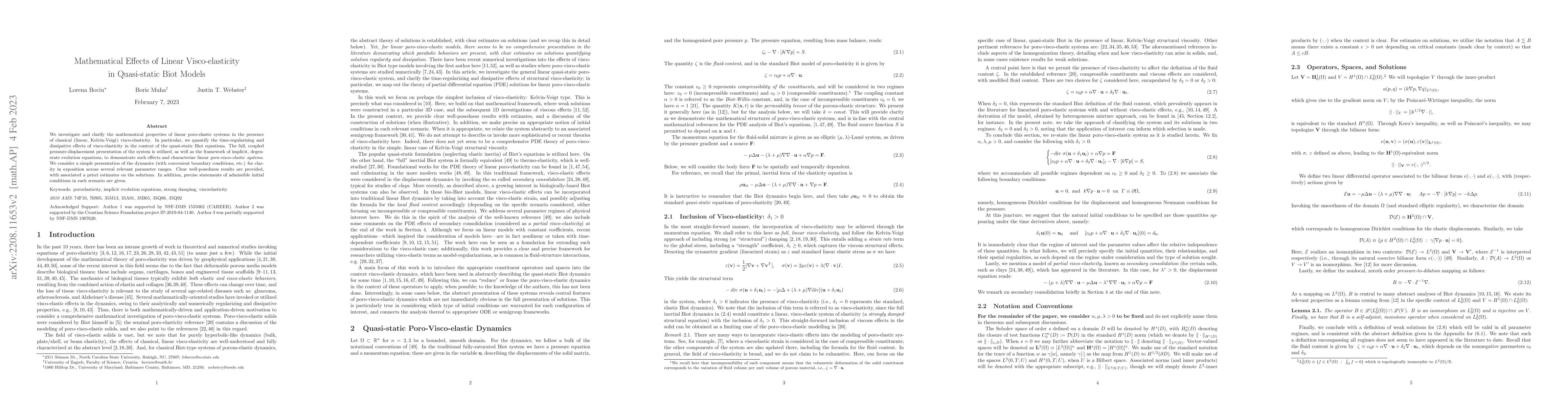 Thumbnail for Mathematical Effects of Linear Visco-elasticity in Quasi-static Biot
  Models