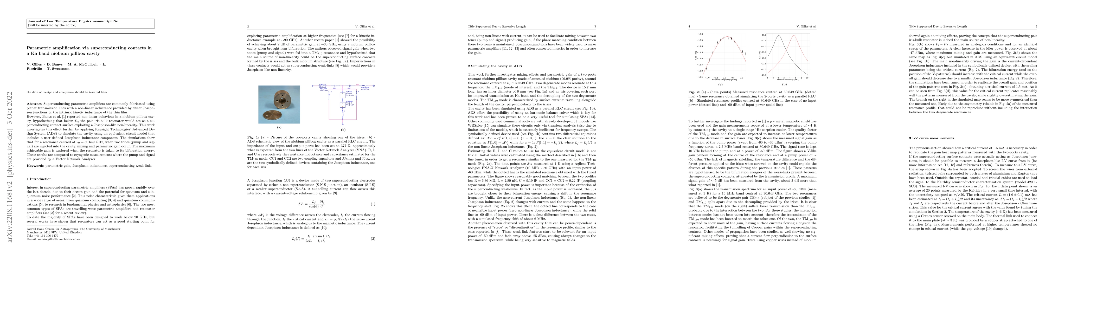 Thumbnail for Parametric amplification via superconducting contacts in a Ka band
  niobium pillbox cavity