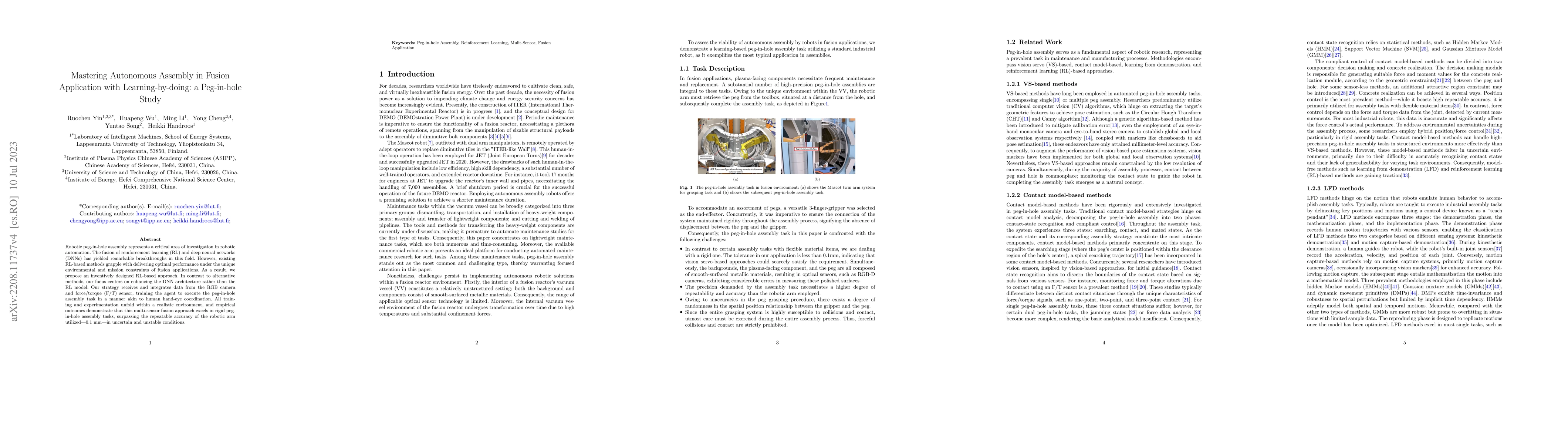 Thumbnail for Mastering Autonomous Assembly in Fusion Application with
  Learning-by-doing: a Peg-in-hole Study