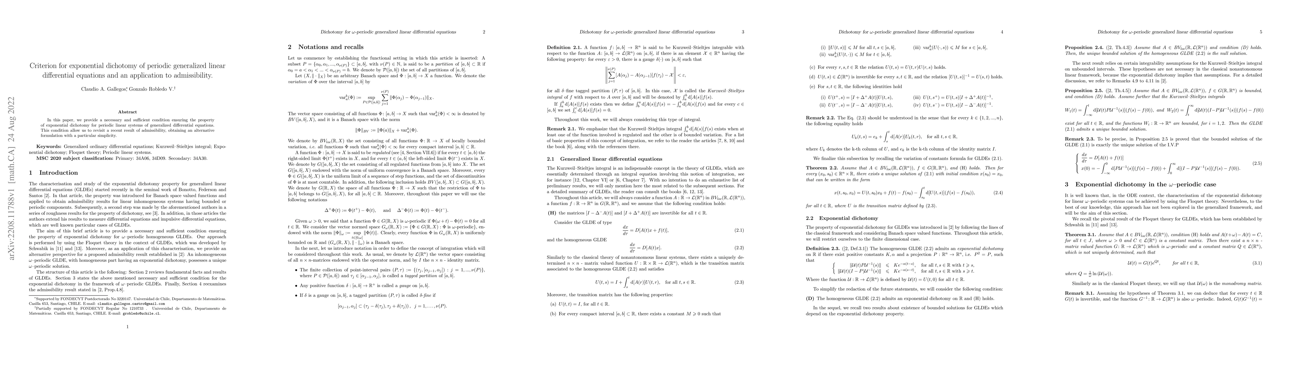 Thumbnail for Criterion for exponential dichotomy of periodic generalized linear
  differential equations and an application to admissibility